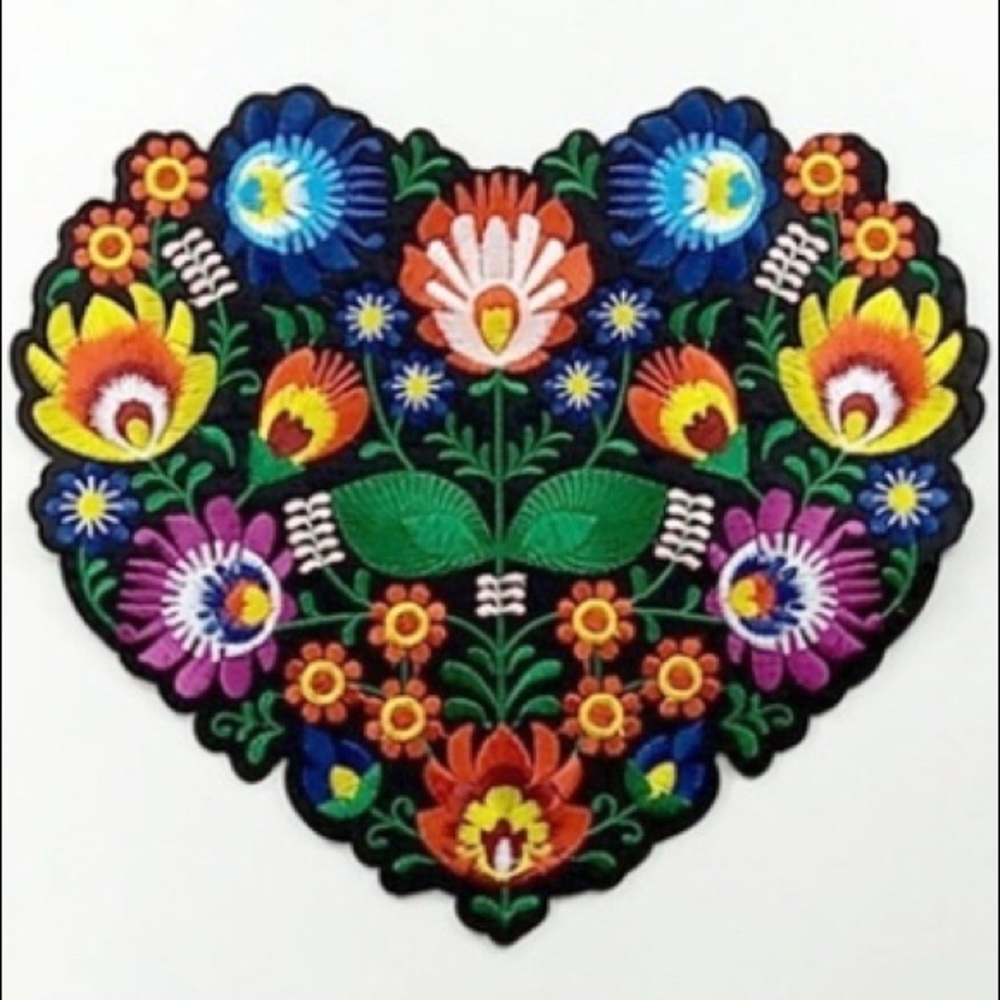 6”x7” iron-on /sew embroidered floral heart patch